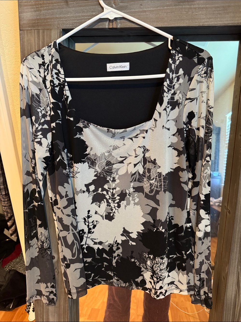 Calvin Klein Black, White & Gray Floral Square Neck Long Sleeve Top